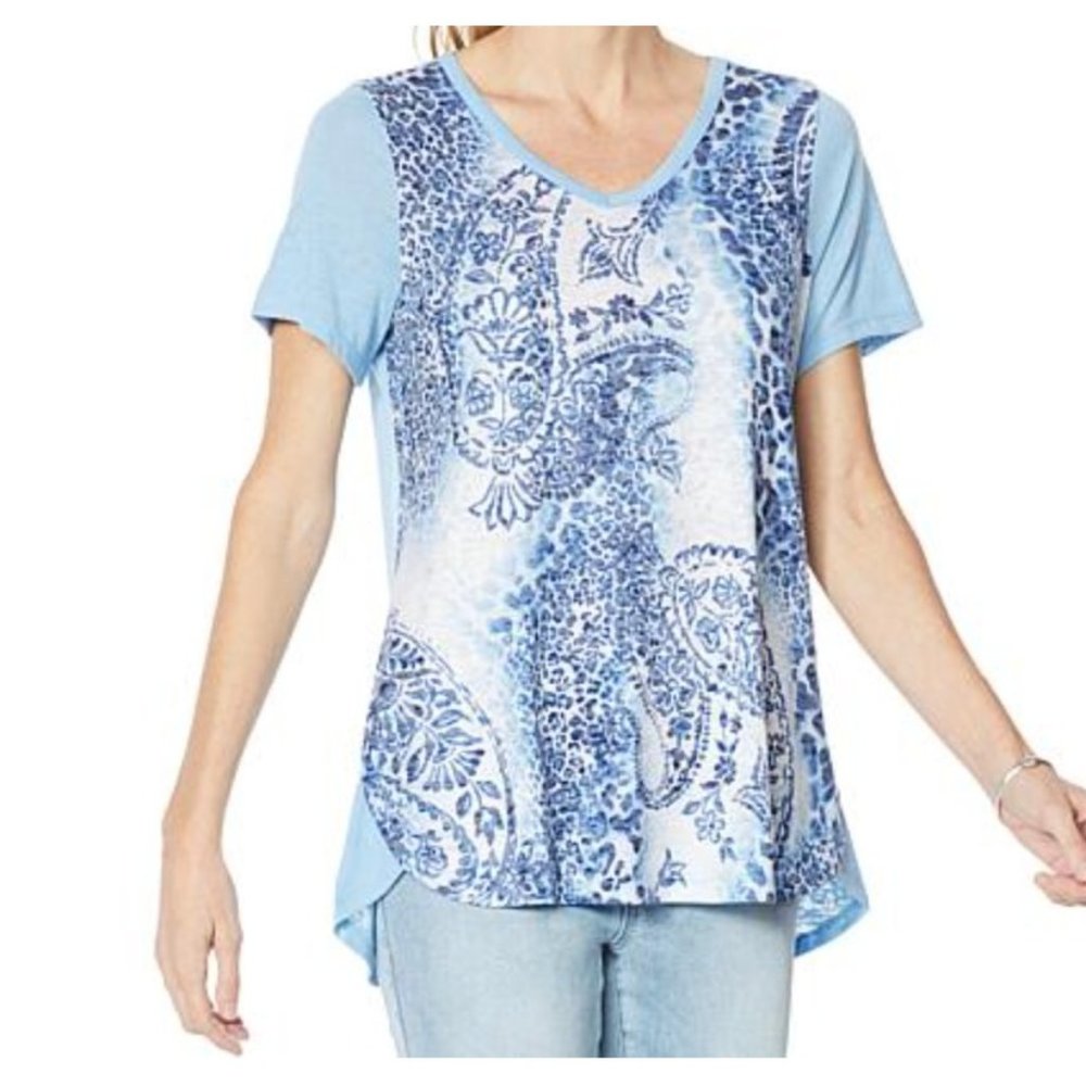 DIANE GILMAN DG BURNOUT PRINT TOP Chambray Paisley Size XS
